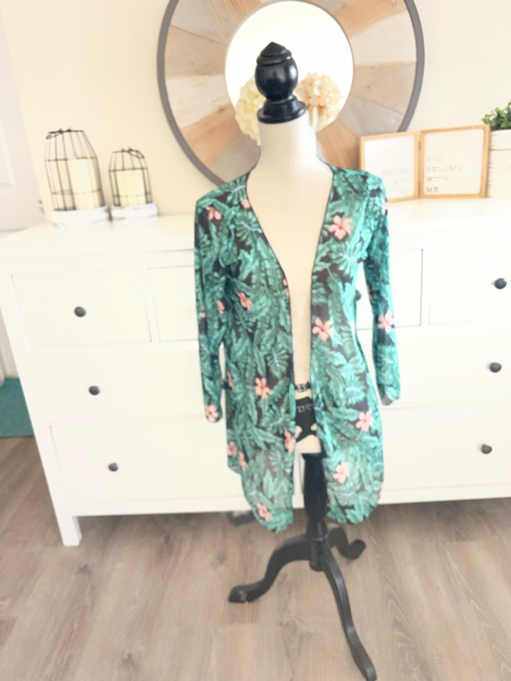 Tropical Print Open Cardigan with Pink Floral Accents